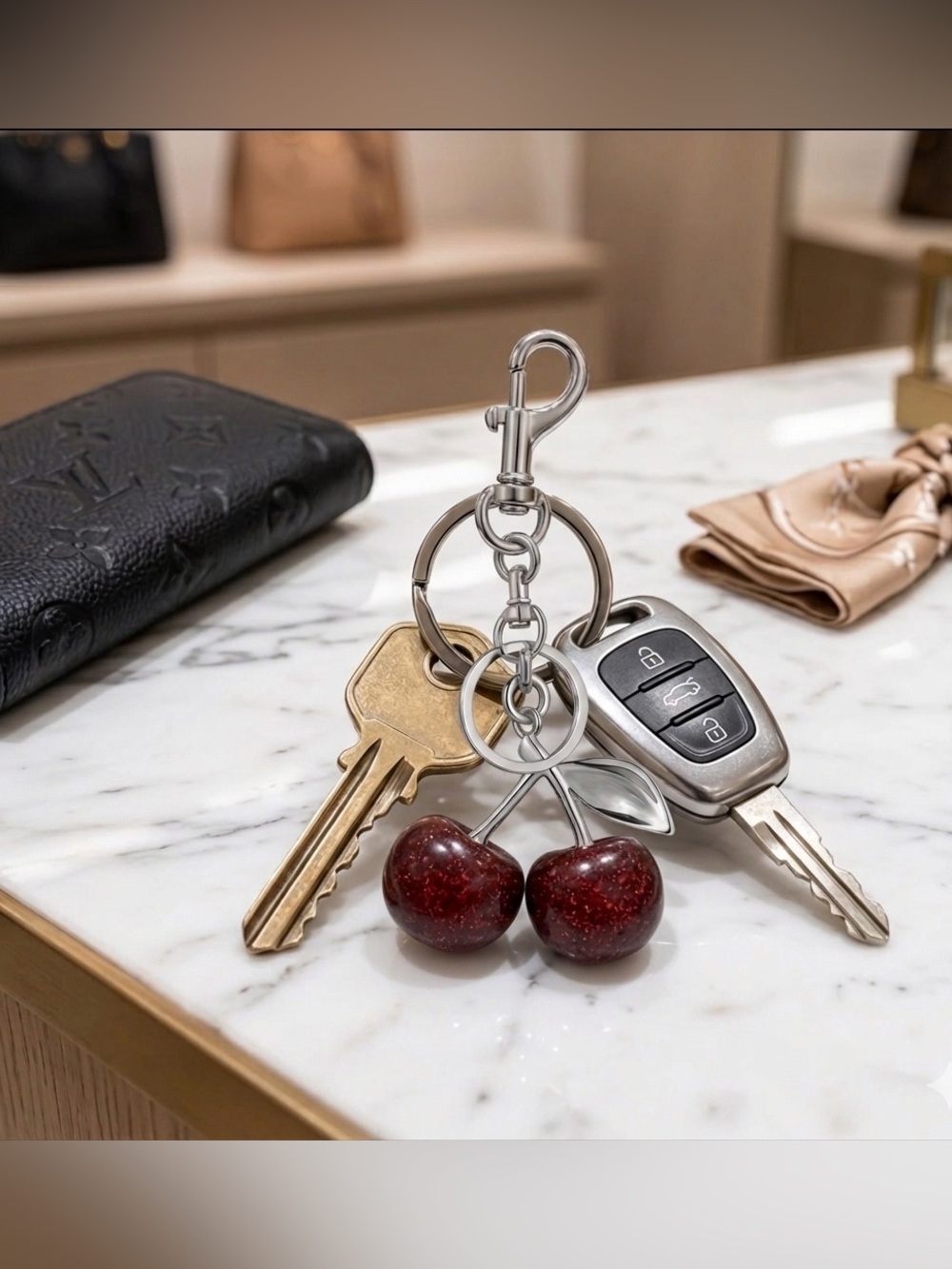 Glitter Cherry Bag Charm Keychain Resin Fruit Purse Key Ring Silver Tone Large - Picture 3 of 5